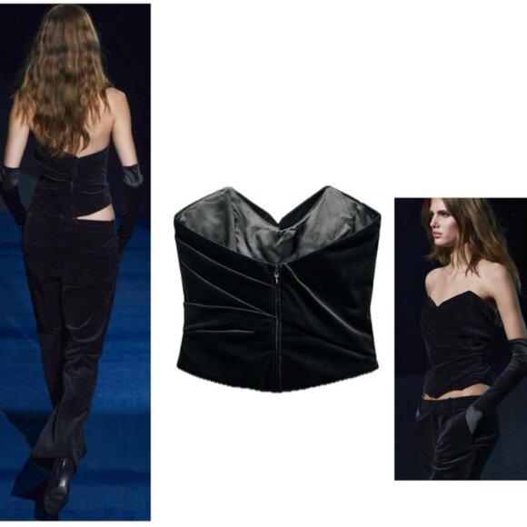 Zara ZW Collection black velvet strapless corset bustier top blouse Sz S NWOT - Picture 3 of 14